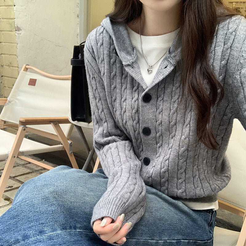 Damen Strickjacke Kapuze Knopf-Detail Norvielle