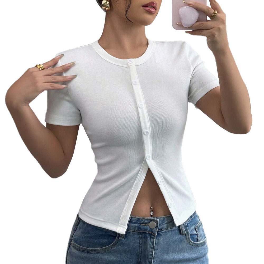 Damen Kurzarmshirt Knopfdetails Figurnah Norvielle