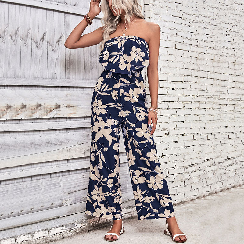 Damen Jumpsuit Florales Rüschenoberteil Weites Bein