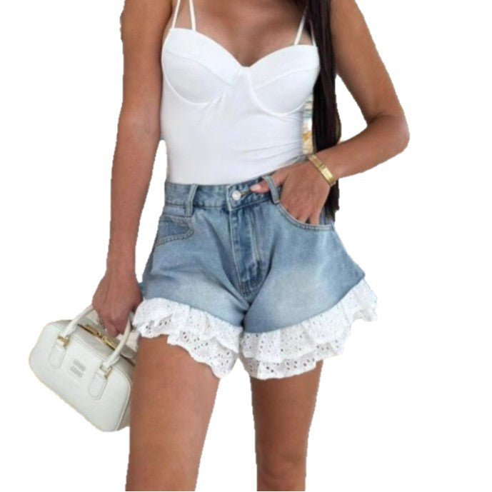 Damen Denim Shorts Spitzenverzierung Voluminöser Saum
