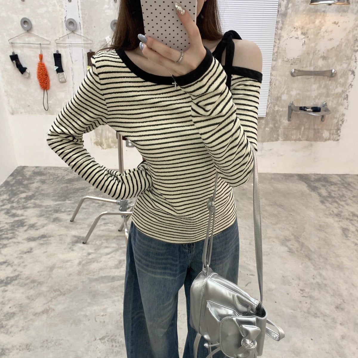 Damen Langarmshirt Asymmetrisch Mit Trägerdetail Norvielle
