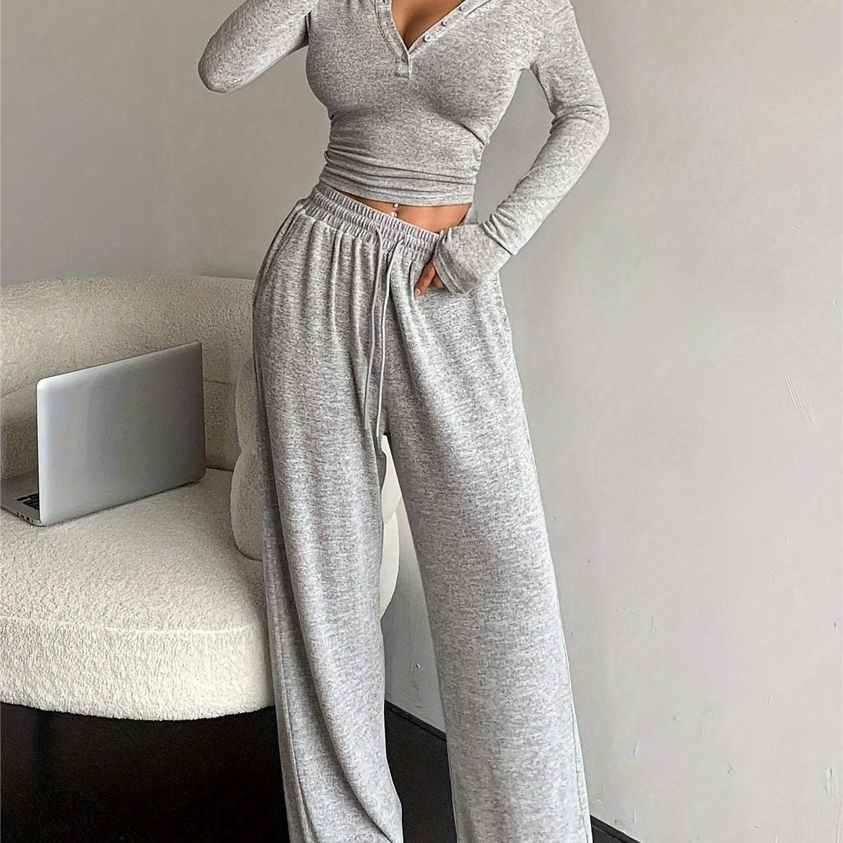 Damen Lounge-Set Elastischer Bund Mit Knöpfen Beige