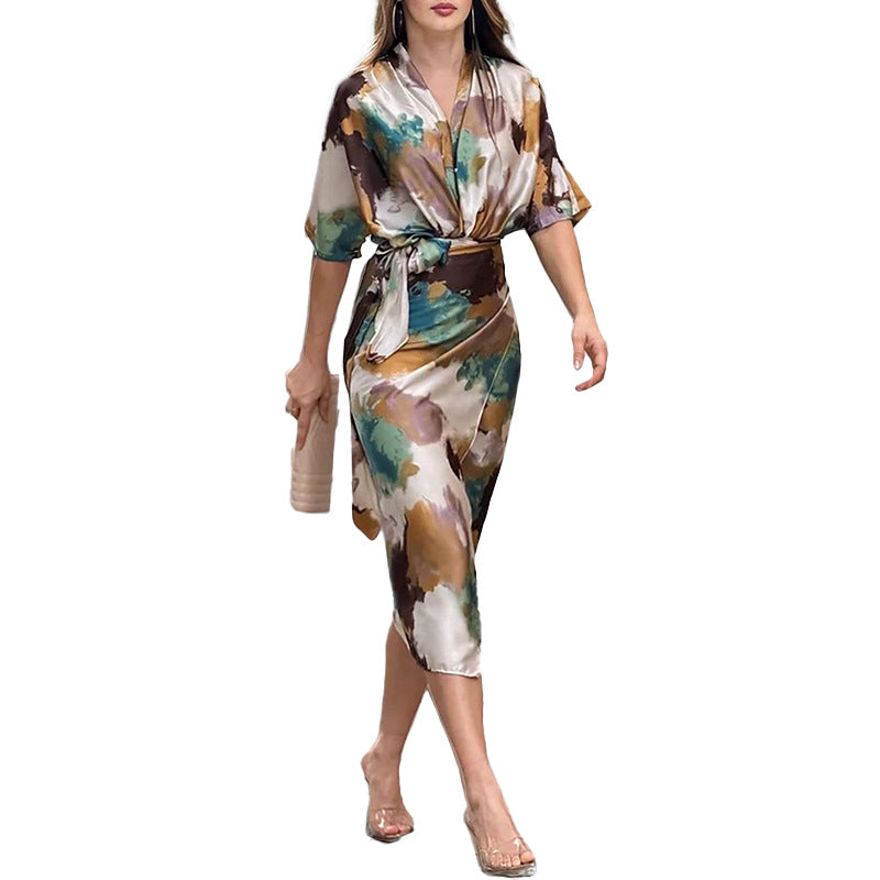 Damen Wickelkleid Kimono-Ärmel Taillengürtel