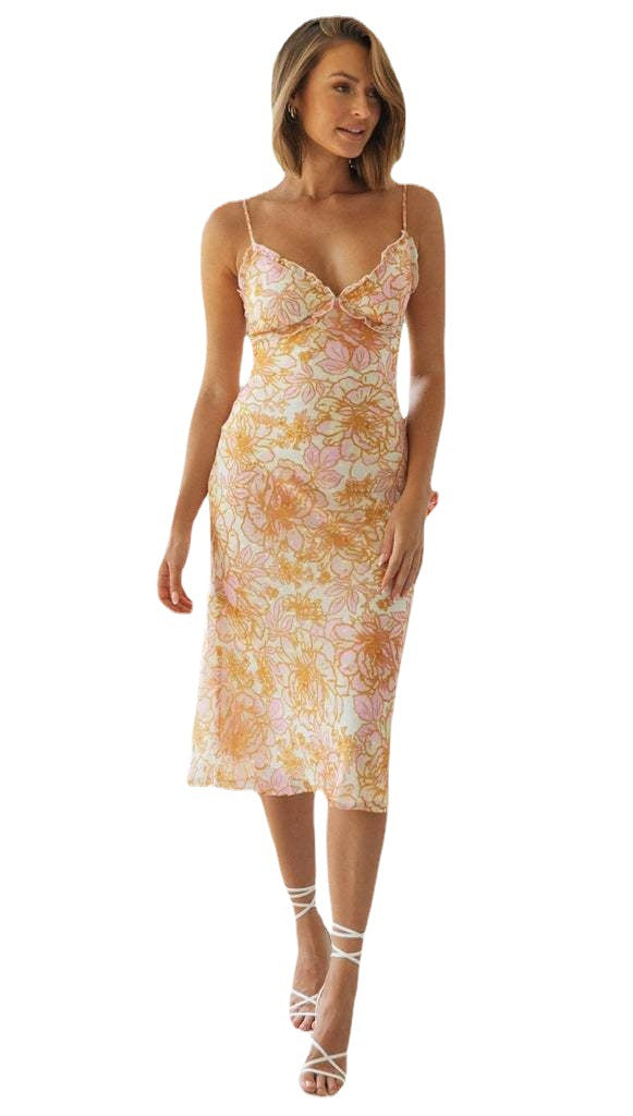 Damen Chiffon-Kleid mit Spaghetti-Trägern Elastisch Blumenmuster