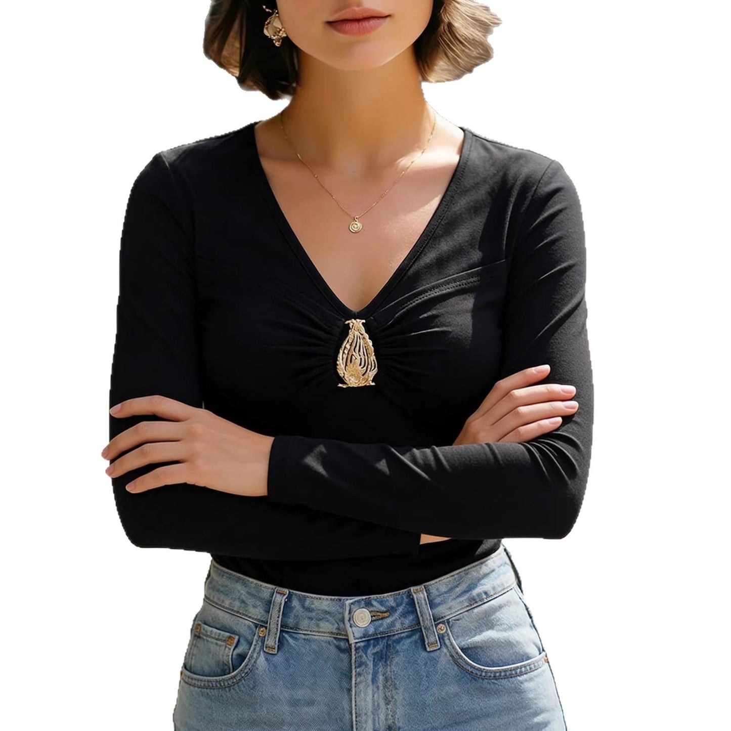 Damen Langarmshirt V-Ausschnitt Dekorative Applikation