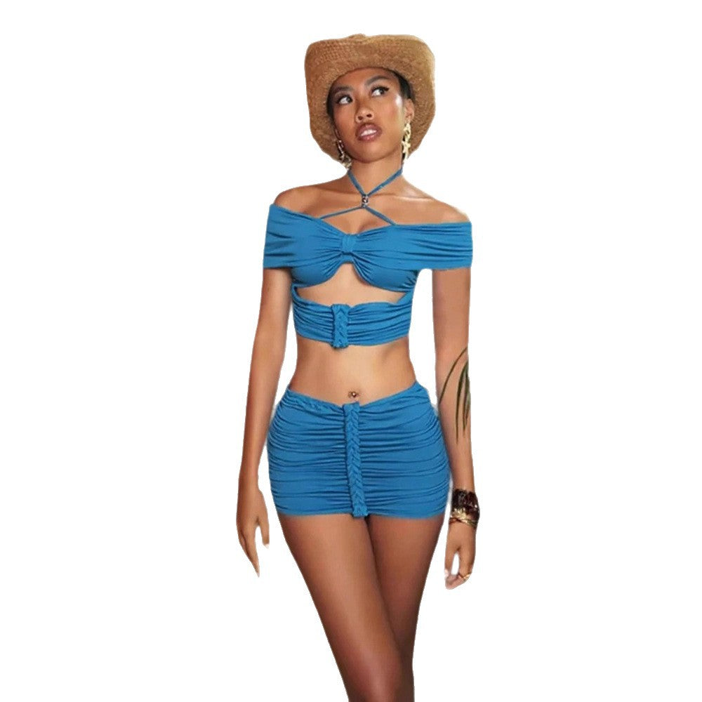 Damen Cropped Oberteil Set Minirock Raffungen Schulterfreies Design