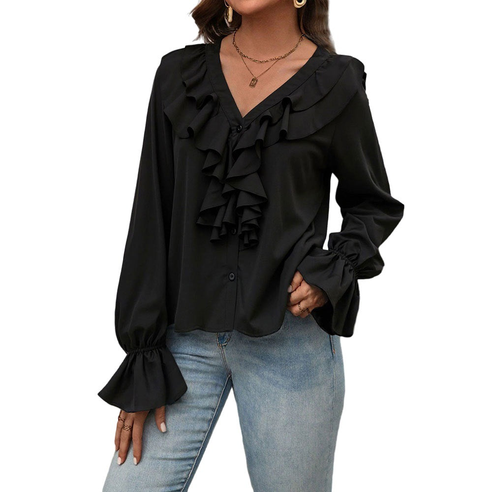 Damen Bluse Rüschendetails V-Ausschnitt Elegantes Design