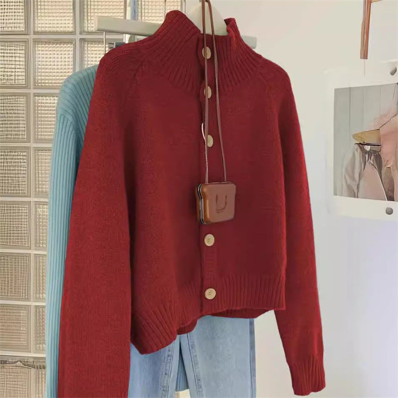 Damen Strickjacke Hochkragen Große Holzknöpfe Norvielle