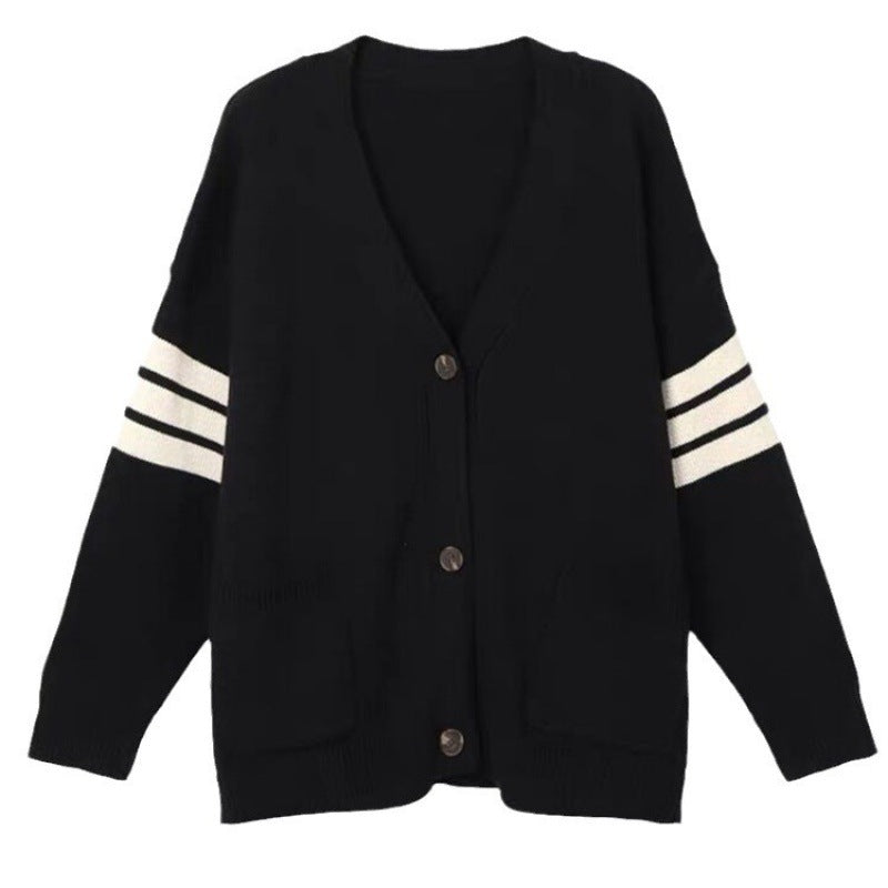 Damen Strickcardigan Lässig Mit Taschen Kontraststreifen
