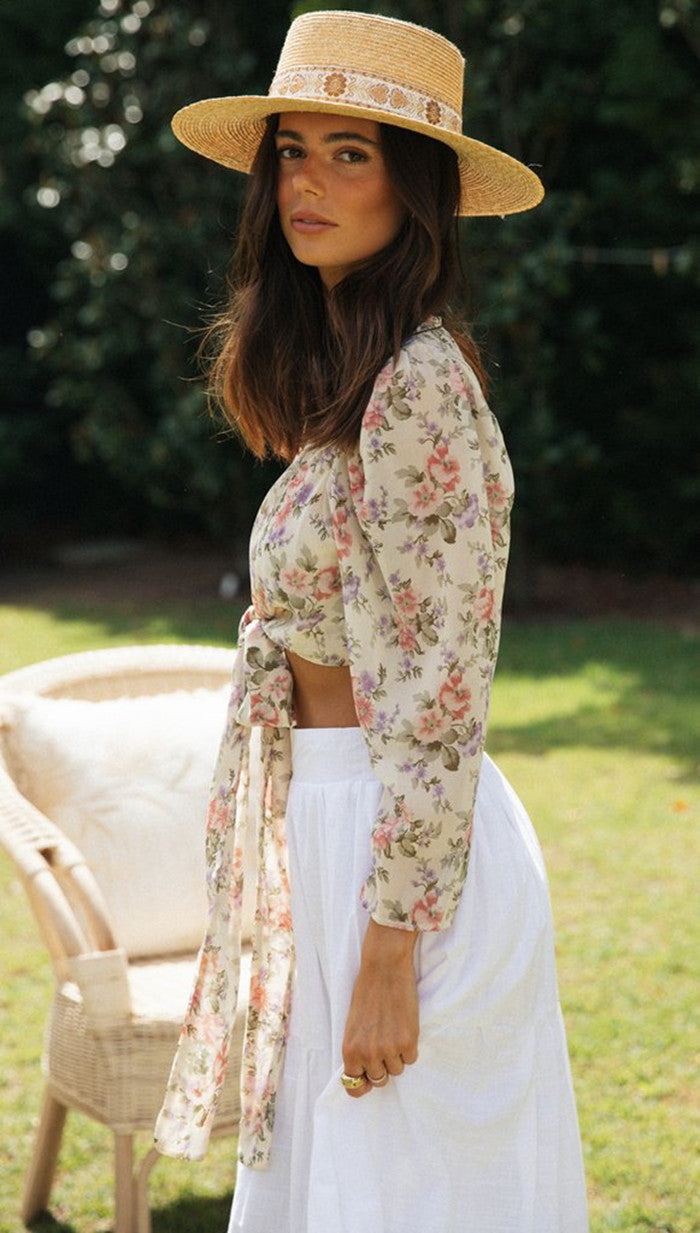 Damen Crop- Kurz Floralmuster Bindegürtel