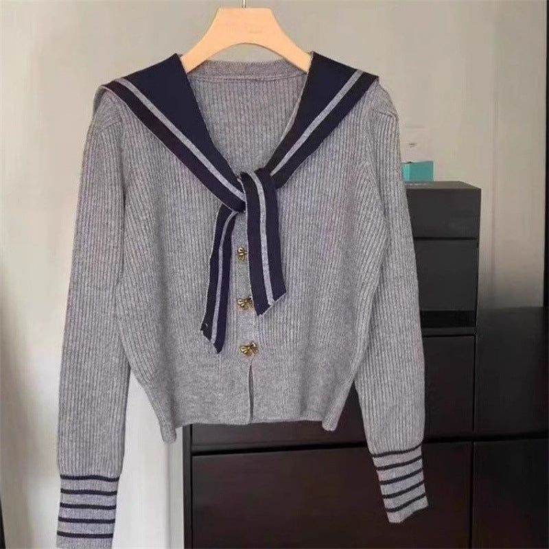 Damen Strickjacke Maritimer Kragen Knöpfe Beige