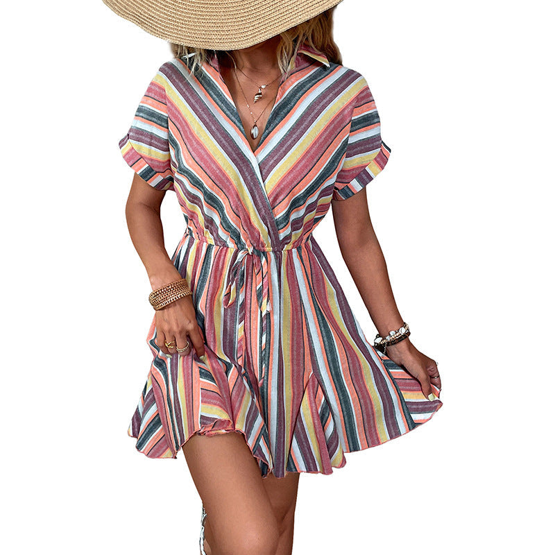 Damen Wickelkleid Bunter Streifenstoff Sommerlich Leicht