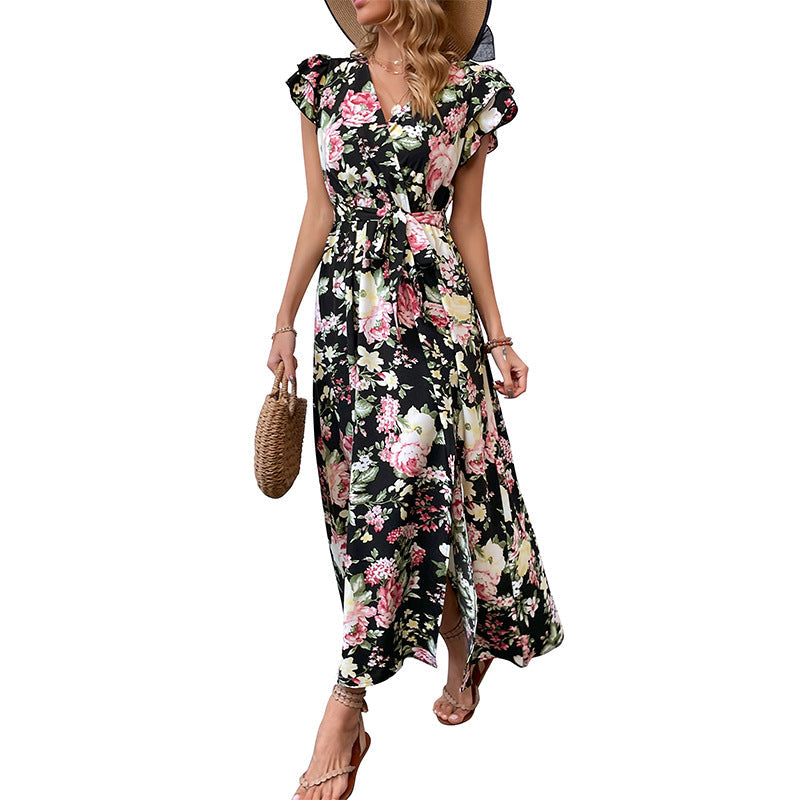 Damen Maxikleid mit floralem Muster, Schlitz und taillierbarem Gürtel