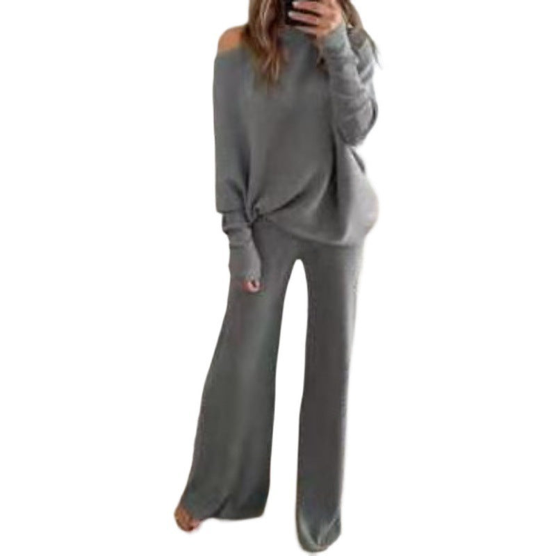 Damen Strick-Loungewear-Set Weites Off-Shoulder-Oberteil Beige