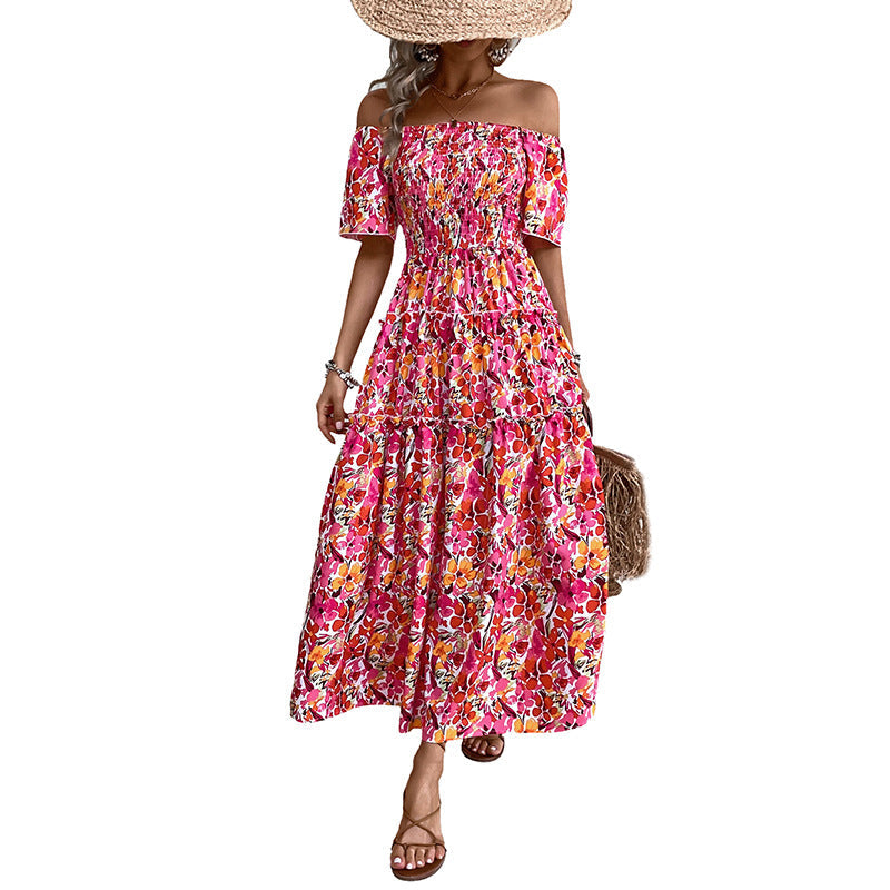 Damen Maxikleid Off-Shoulder Blütenmuster Rüschendetails