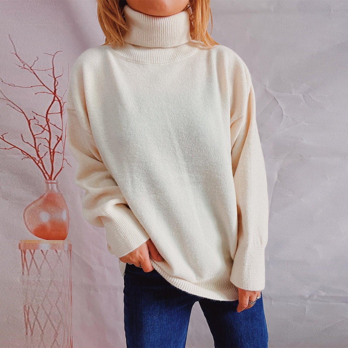 Damen Grobstrickpullover Hochkragen Locker Norvielle