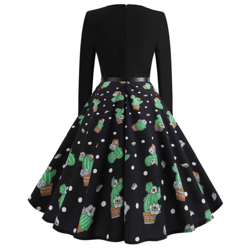 Damen Swingkleid Florales Kaktusdesign Ausgestellter Rock Norvielle