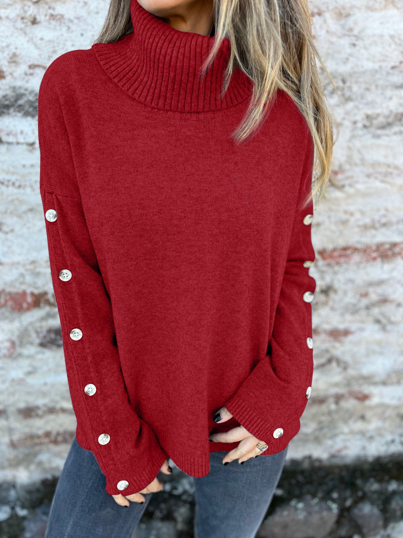Damen Pullover Rollkragen Dekorativer Knopf Norvielle