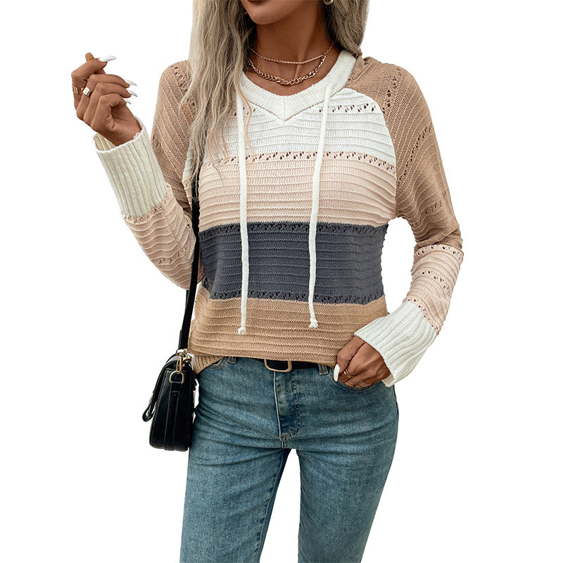 Damen Strickpullover Kapuze Streifenmuster Norvielle