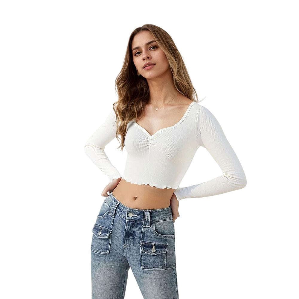Damen Langarmshirt Rüschensaum Cropped Grün