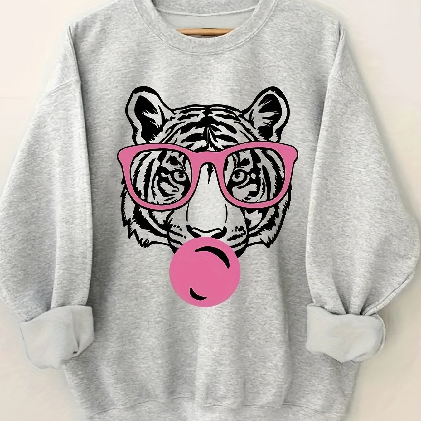 Damen Sweatshirt Tiger-Design Lässig Grau