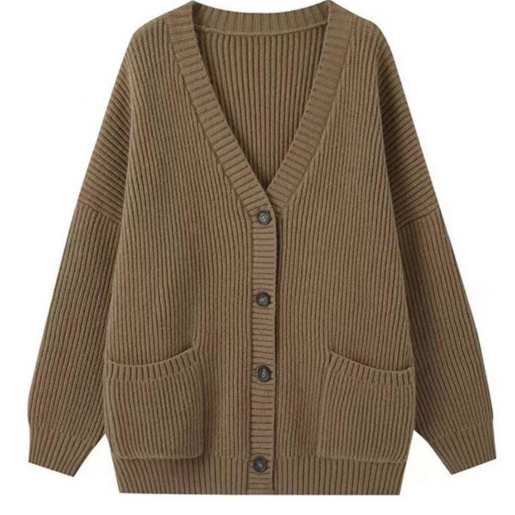 Damen Strickcardigan Elegantes Design Offene Taschen Beige