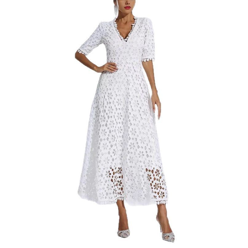 Damen Midi Kleid Florale Stickerei V-Ausschnitt Norvielle