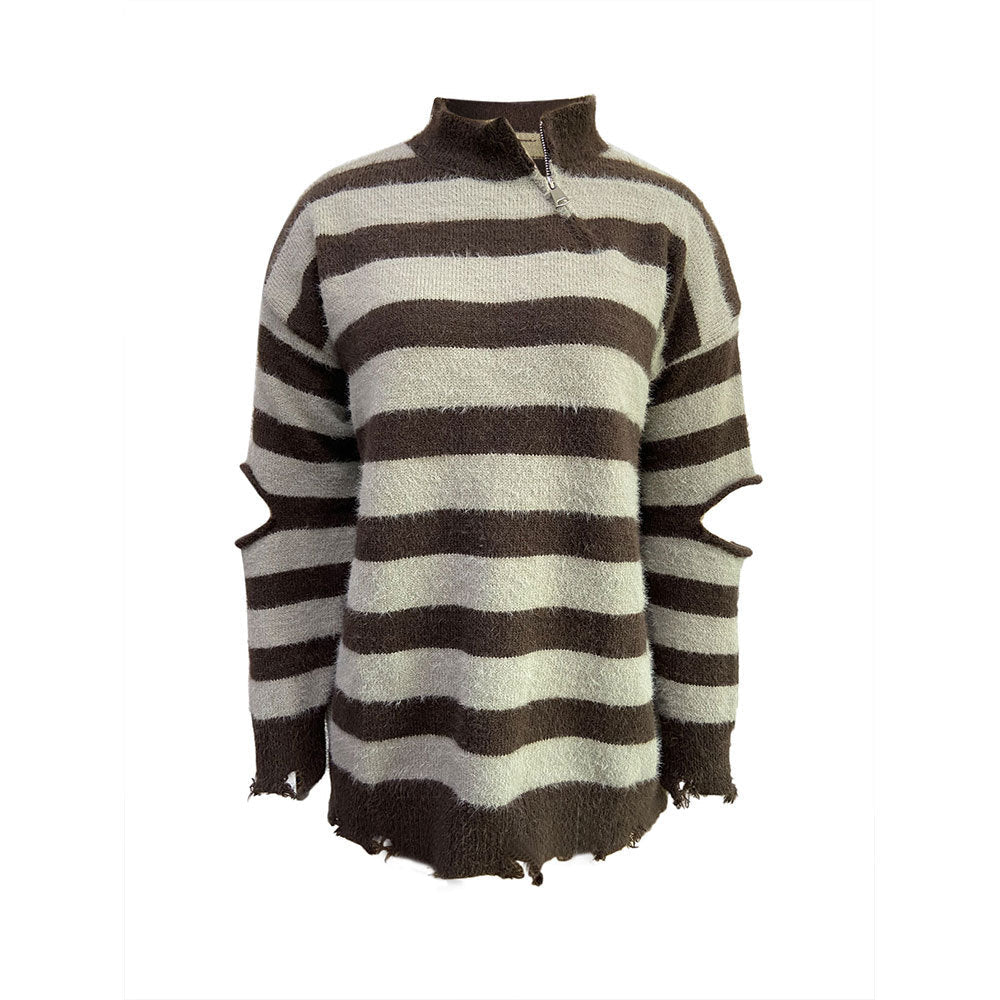 Damen Oversized Strickpullover Reißverschluss Cut-Outs Norvielle