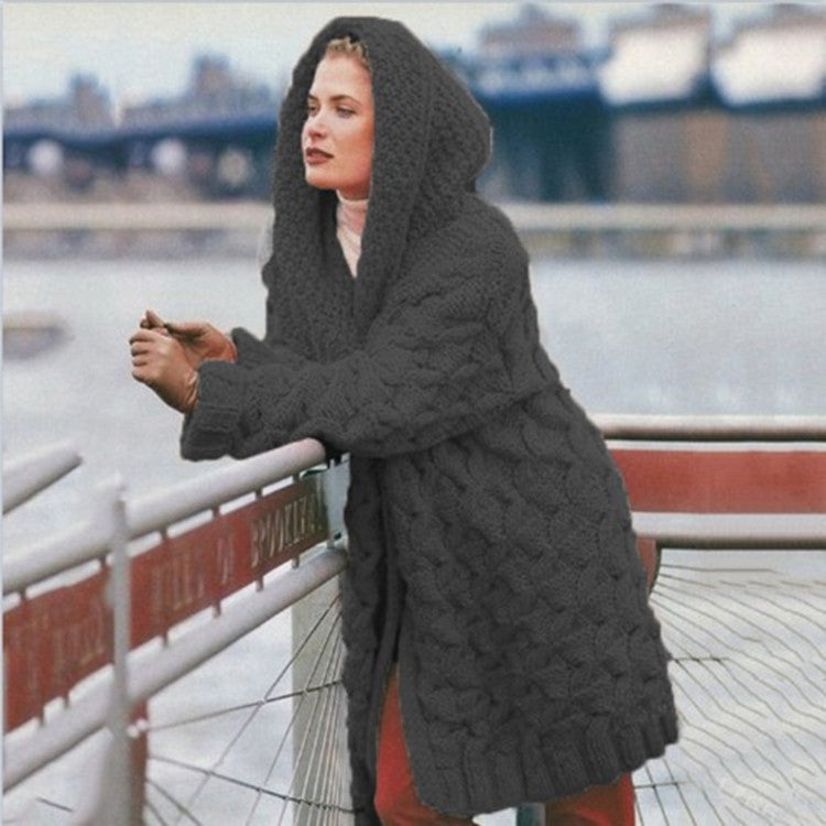 Damen Grobstrick-Cardigan mit Kapuze und Muster