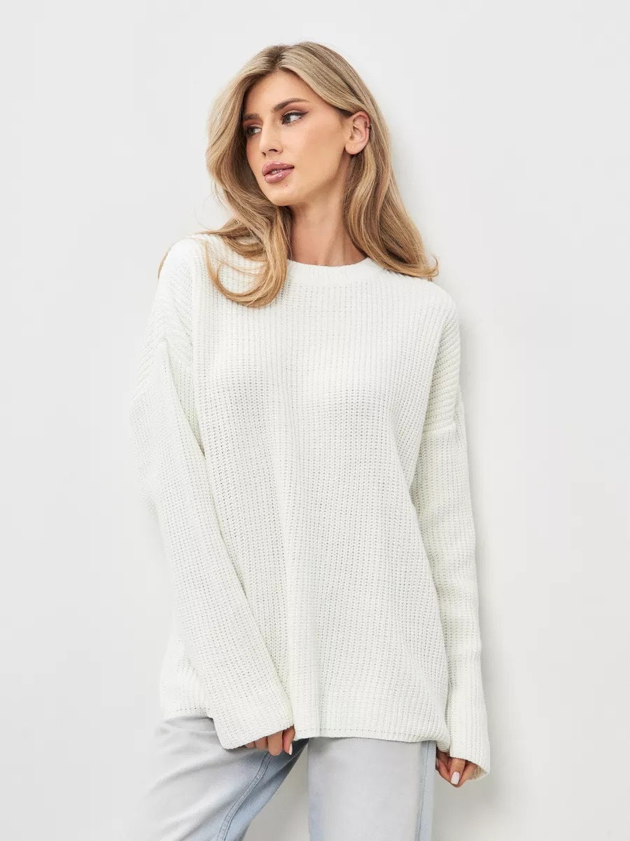 Damen Oversized Strickpullover Leichtes Rippenmuster Offene Ärmel