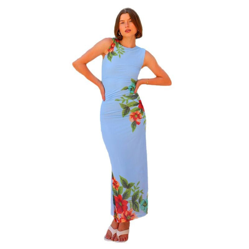 Damen Maxikleid Floralmuster Figurbetont Raffungsausschnitt