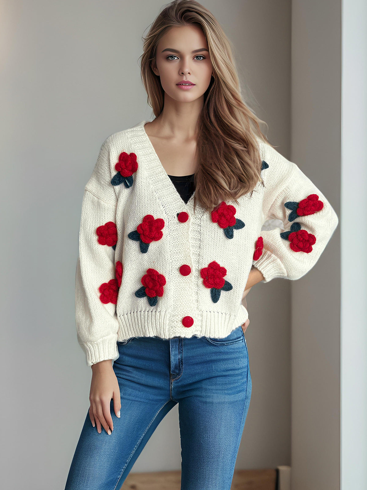 Damen Strickjacke Kuschelig Florales 3D-Design Große Knöpfe Norvielle
