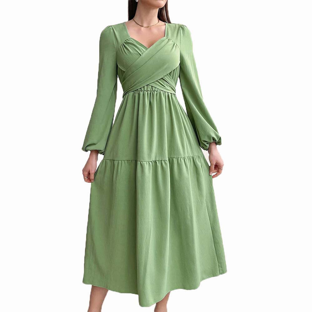 Damen Midikleid Wickeldetail Voluminöse Ärmel