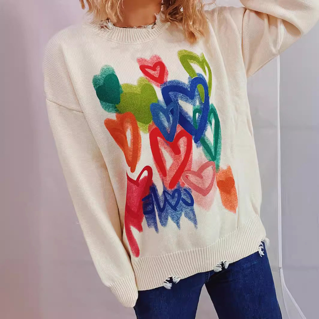 Damen Pullover Bunt Herzdesign Kaschmir