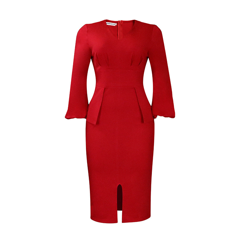 Damen Midi-Kleid Figurbetont Puffärmel Schlitz Norvielle