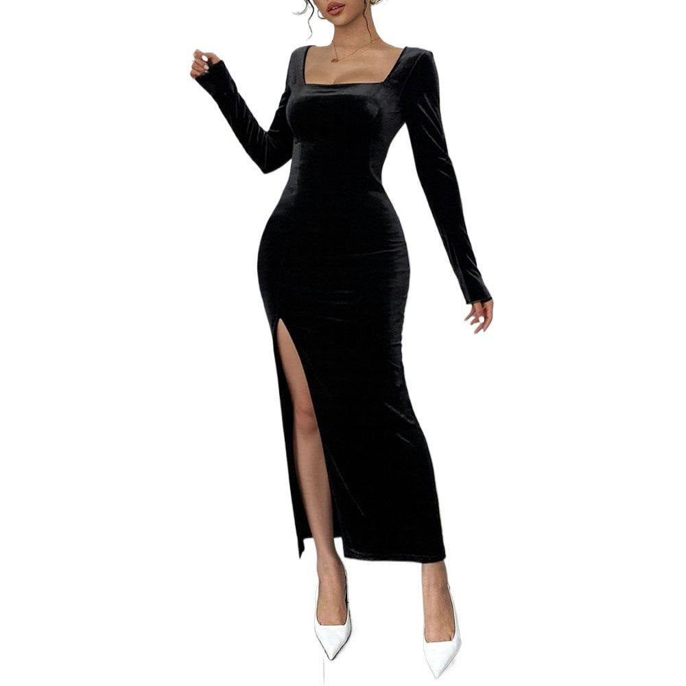 Damen Samt Maxikleid V-Ausschnitt Elegant
