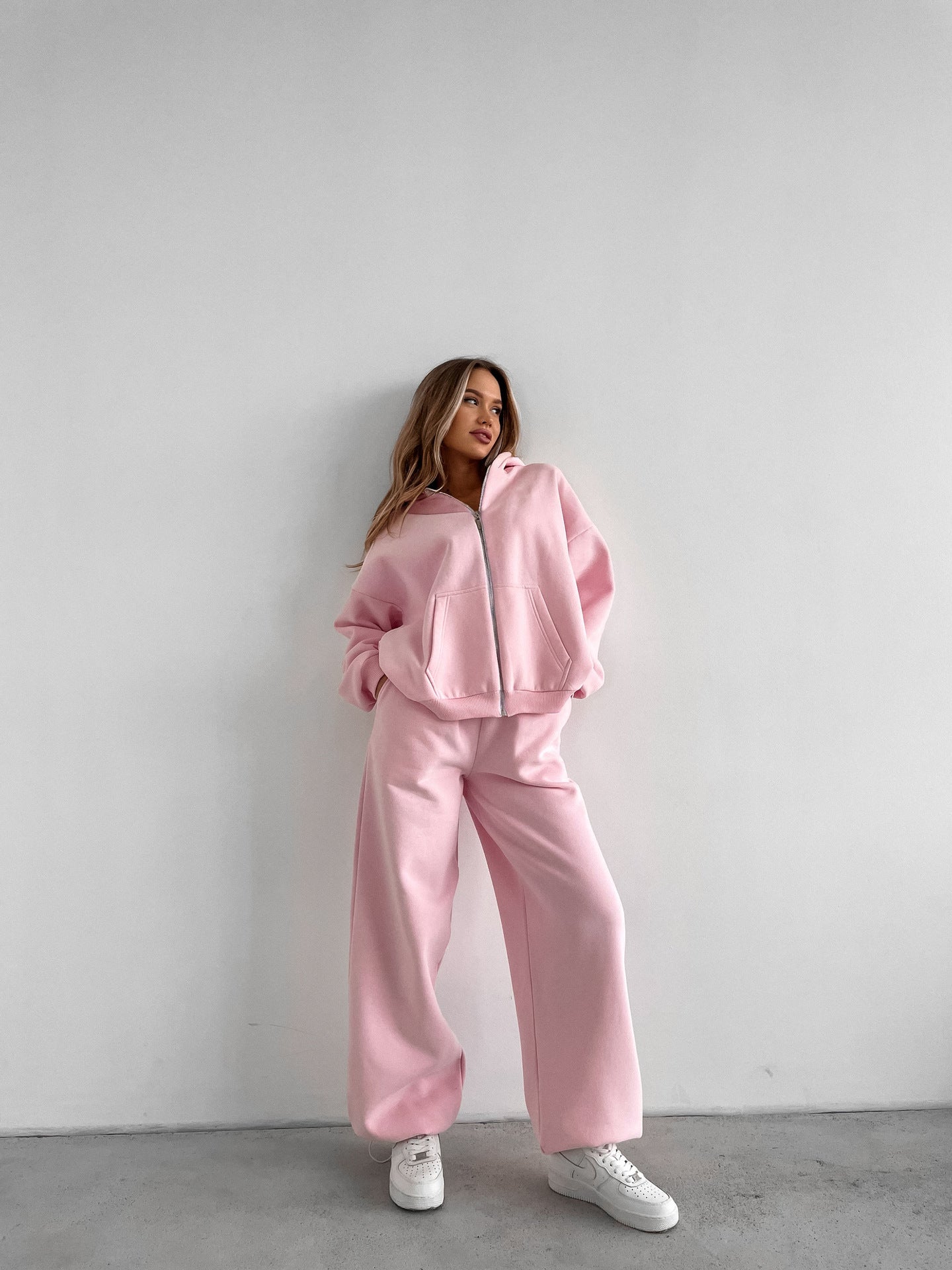 Damen Fleece-Jogginganzug mit Reißverschluss Weite Hose