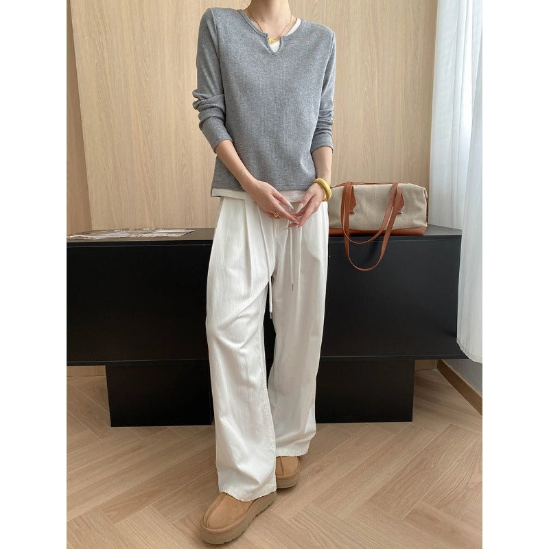 Damen Langarmshirt V-Ausschnitt Feine Struktur Norvielle