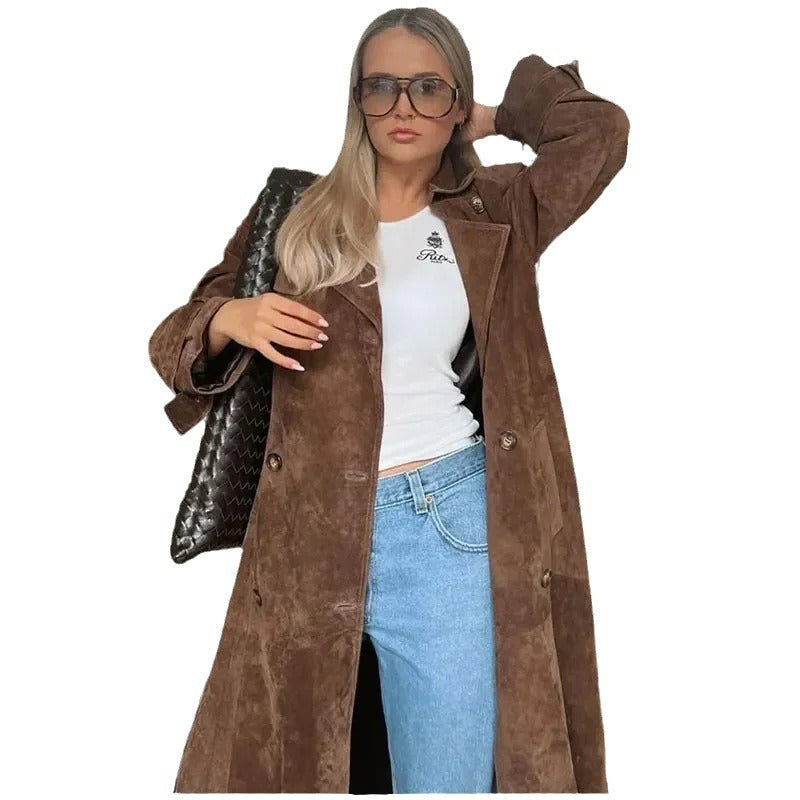 Damen Suede-Trenchcoat Elegantes Design Beige