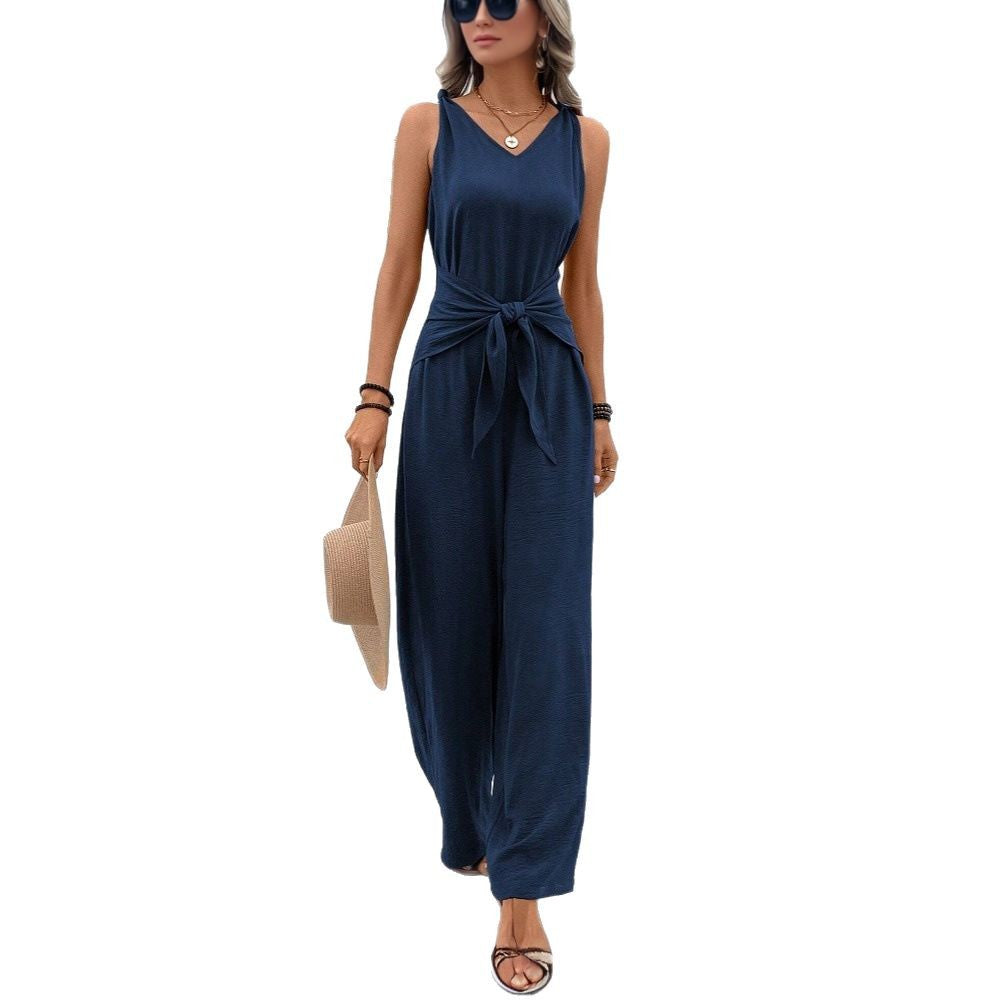 Damen Jumpsuit Gürteldetail V-Ausschnitt