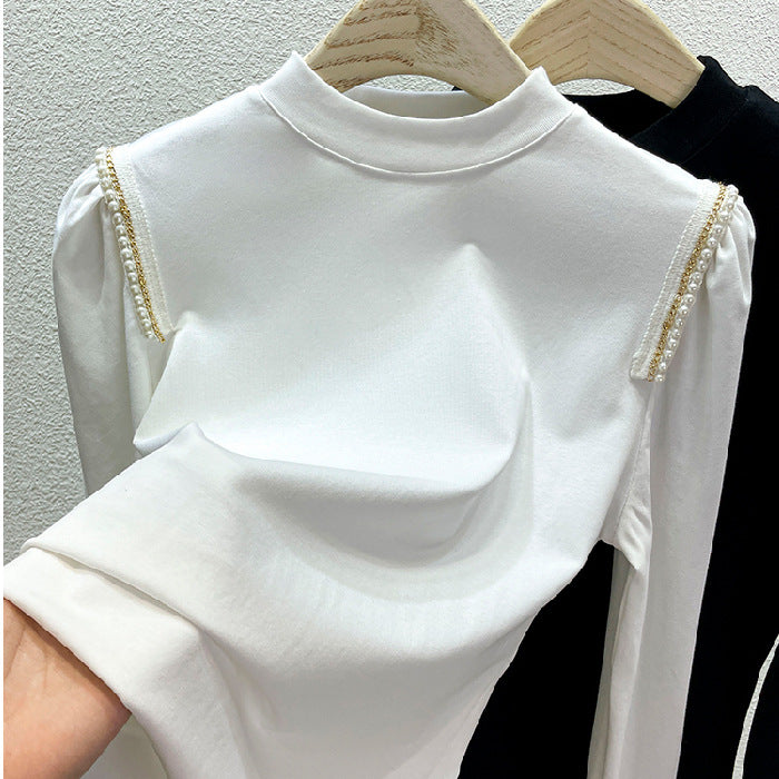 Damen Elegantes Longsleeve Oberteil mit Perlenapplikationen