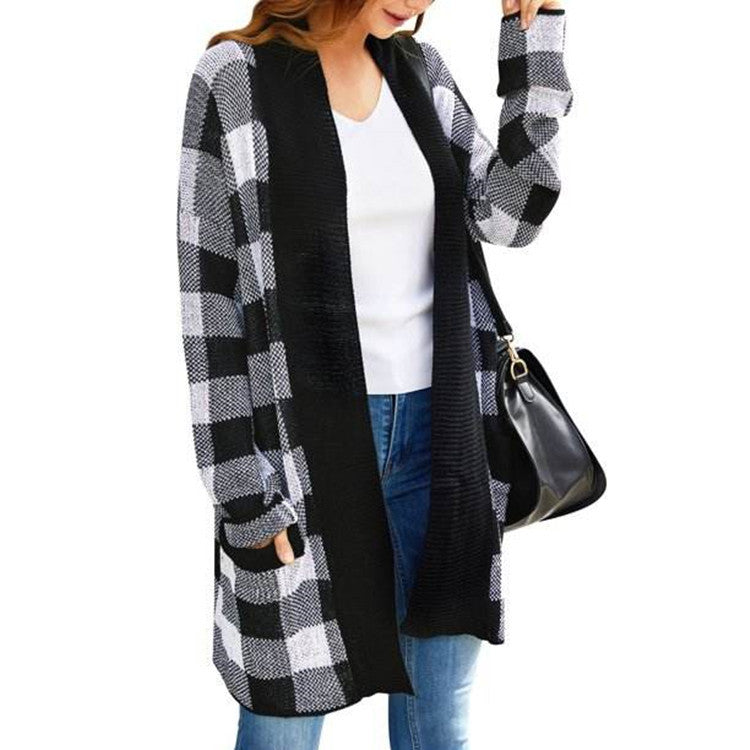 Damen Cardigan Grobstrick Karomuster Lässig Beige