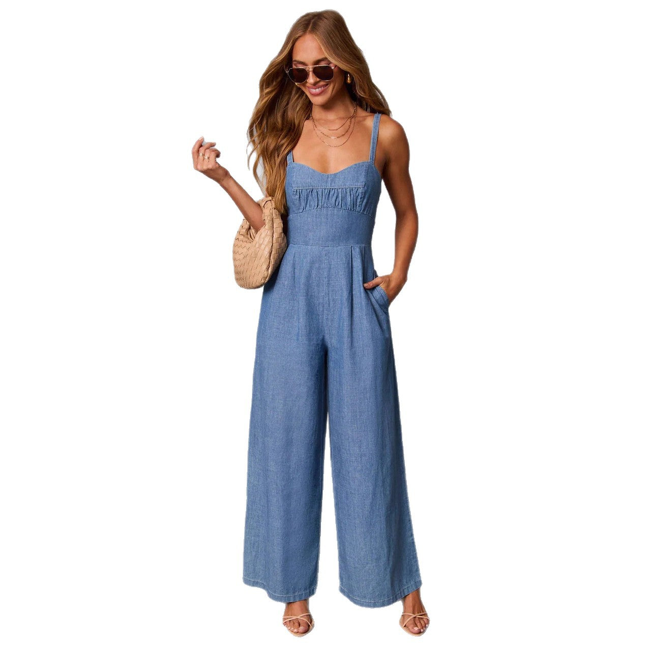 Damen Jeans-Jumpsuit Weites Bein Elegante Träger