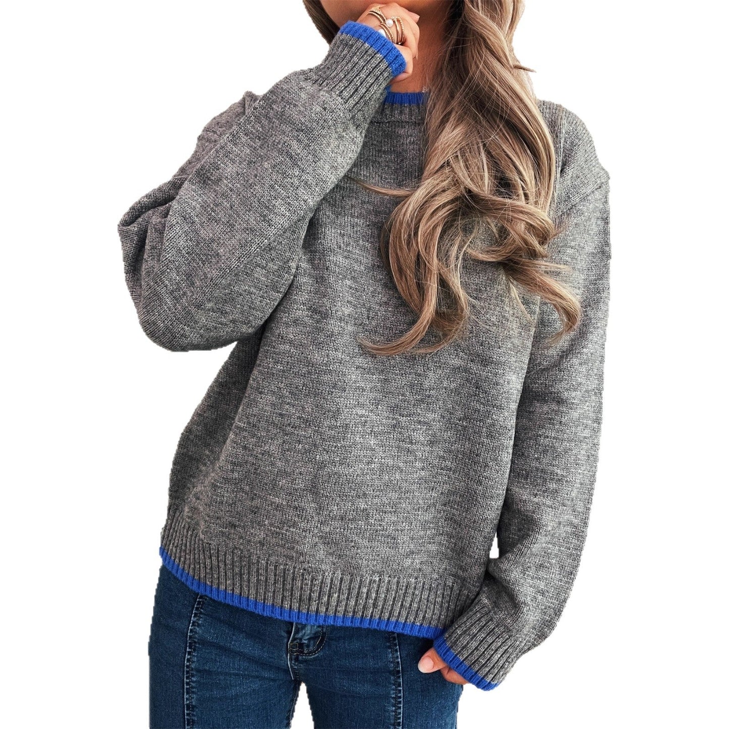 Damen Pullover Lässiger Stehkragen Rippdetails Beige
