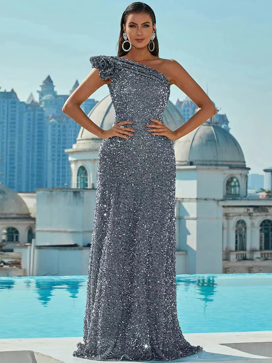 Damen Abendkleid Asymmetrisch Pailletten Norvielle