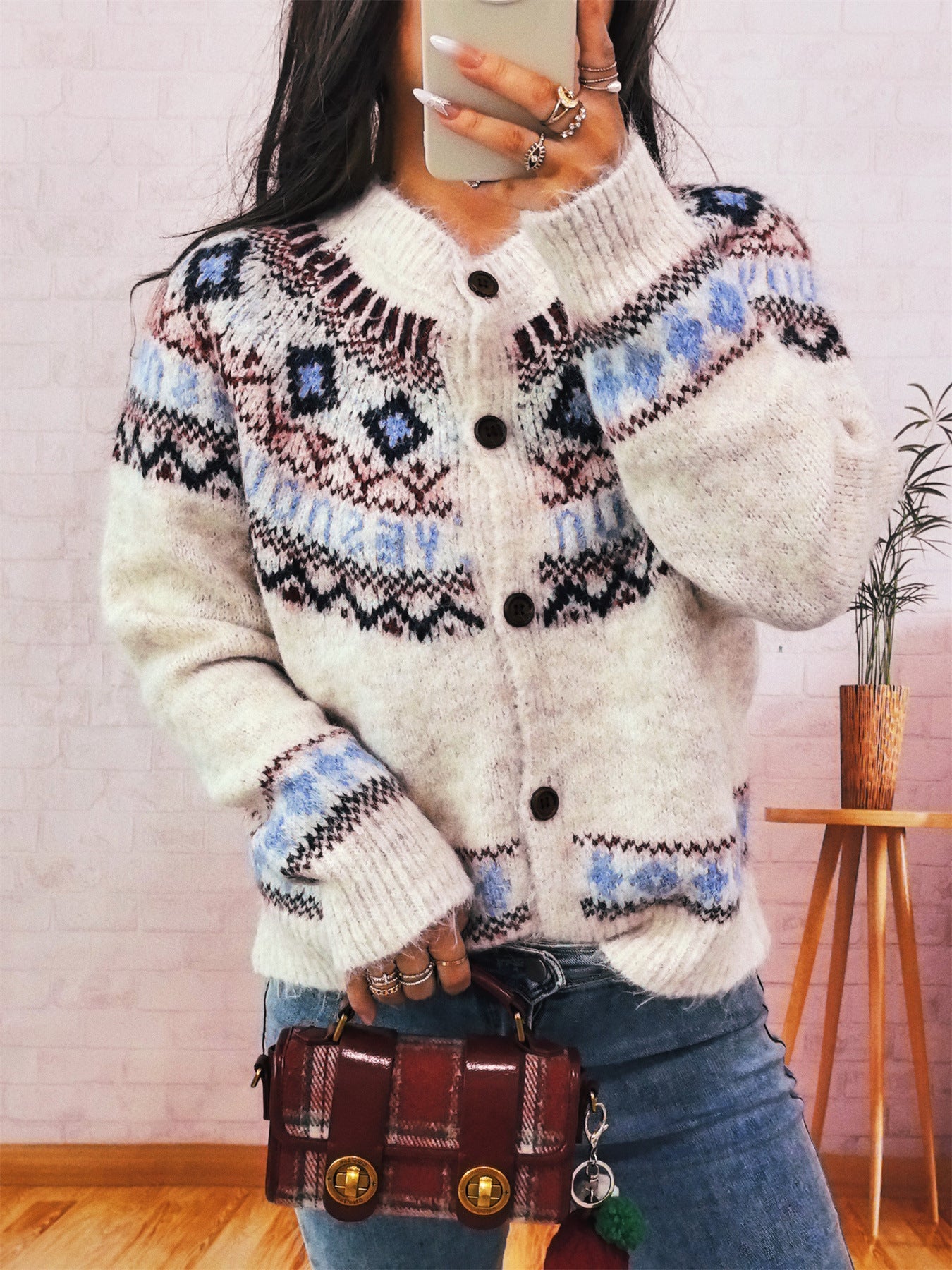 Damen Strickjacke Kuschelig Traditionelle Muster Knopfverschluss