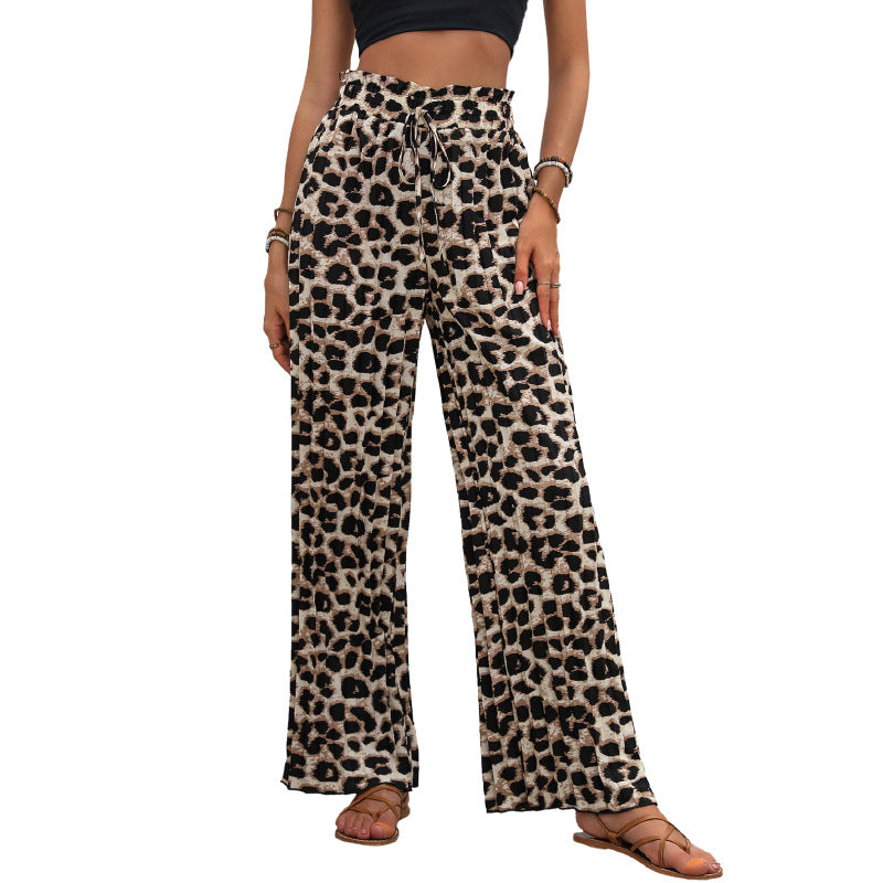 Damen Leinenhose Weit mit Elastikbund Leopardenmuster Beige