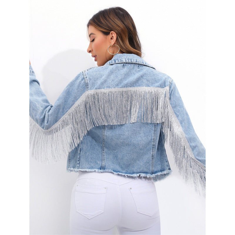Damen Jeansjacke Fransenverzierung
