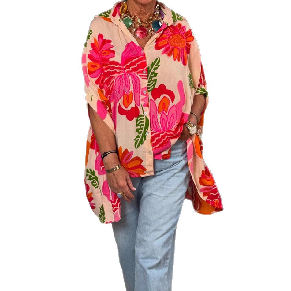 Damen Bluse Kimono-Style bunt Blumenmuster