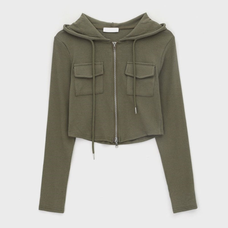 Damen Cropped Freizeitjacke Reißverschluss Kapuze Norvielle